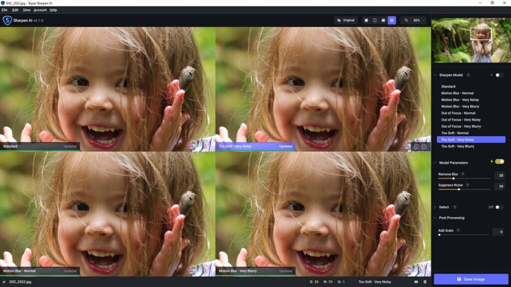 Comparing 4 different AI image sharpening models in Topaz Sharpen AI