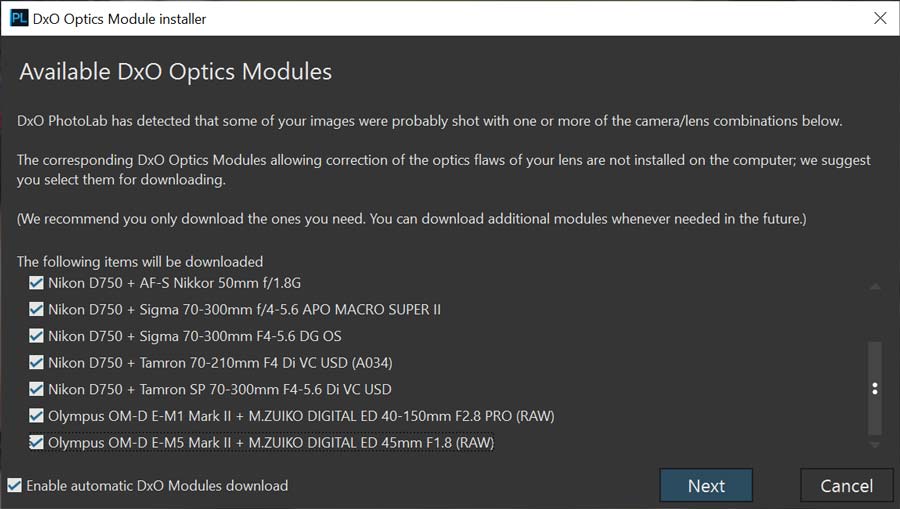 Downloading optical modules for DxO PhotoLab 6
