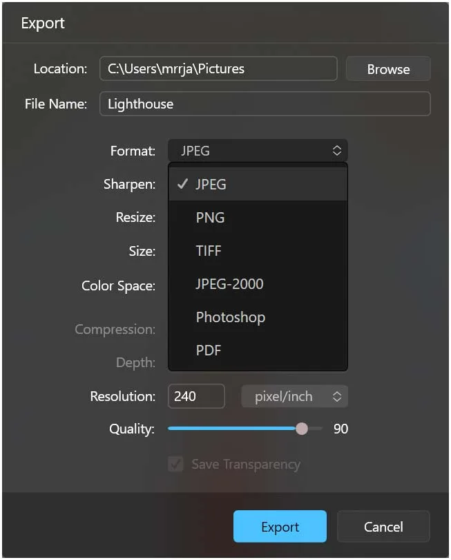 Exporting a Photo in Luminar Neo